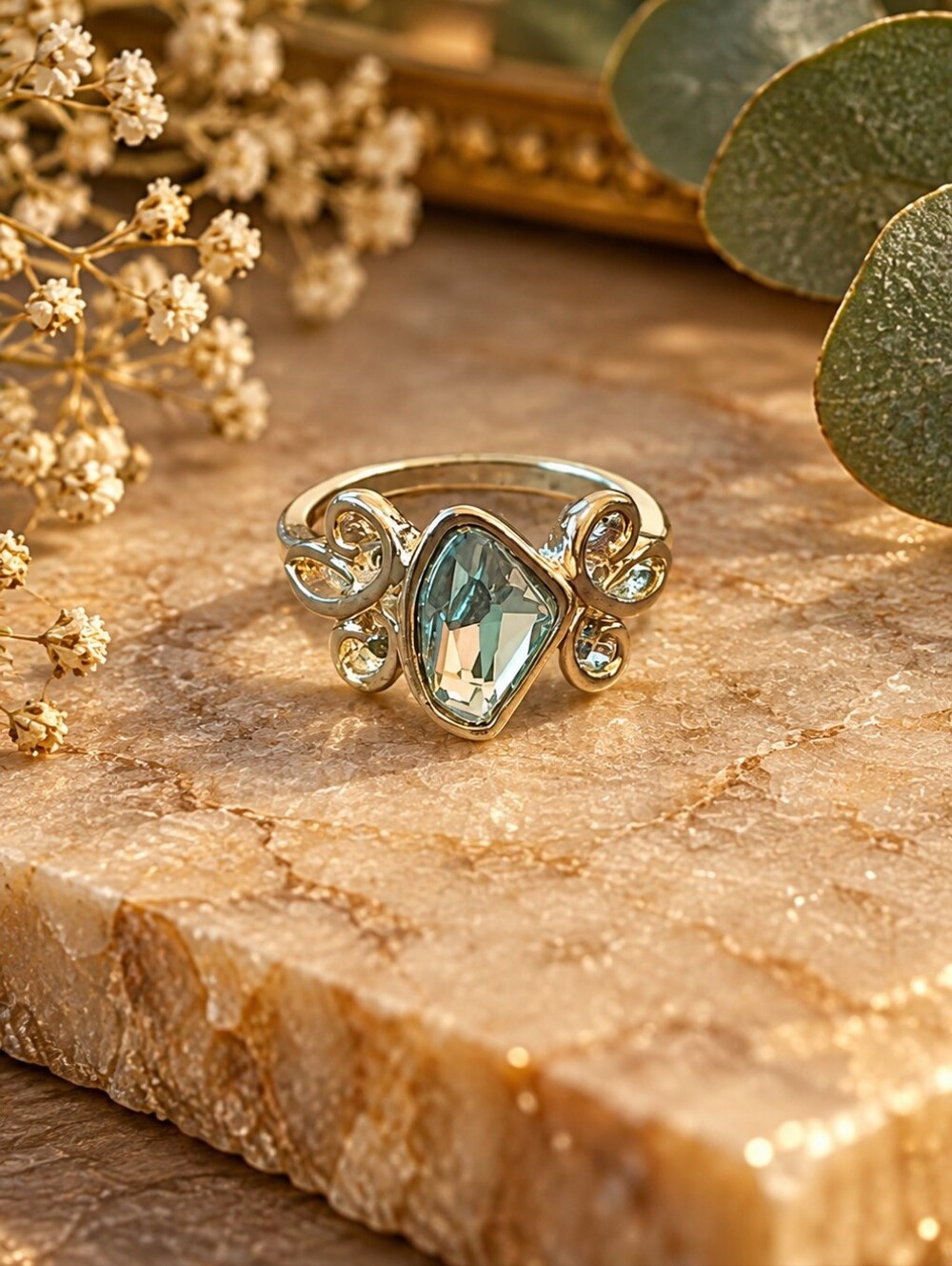 Silver Tone Blue Gemstone Filigree Ring Size 6